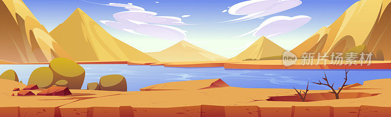 沙漠河流景观矢量卡通背景