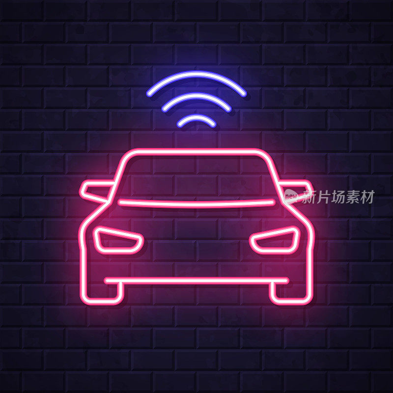 连接汽车。在砖墙背景上发光的霓虹灯图标