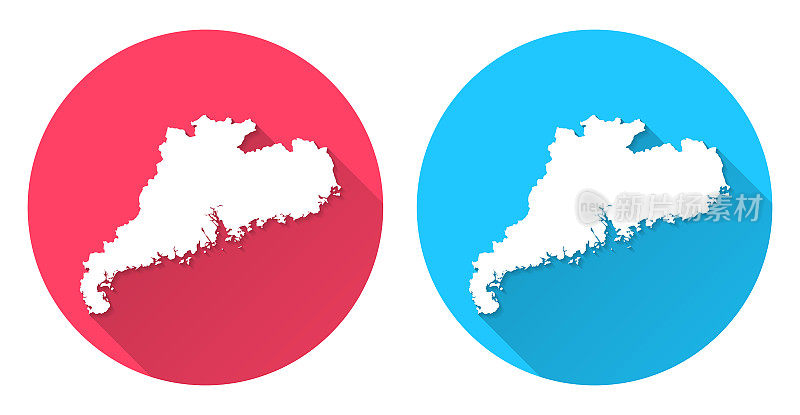 广东省地图。圆形图标与长阴影在红色或蓝色的背景