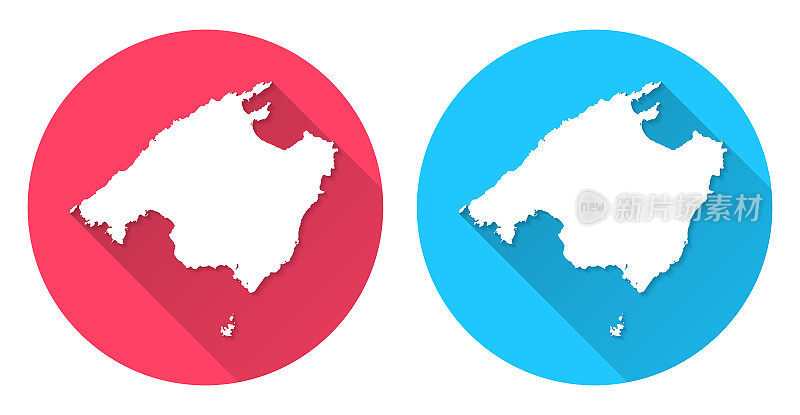 马略卡岛的地图。圆形图标与长阴影在红色或蓝色的背景