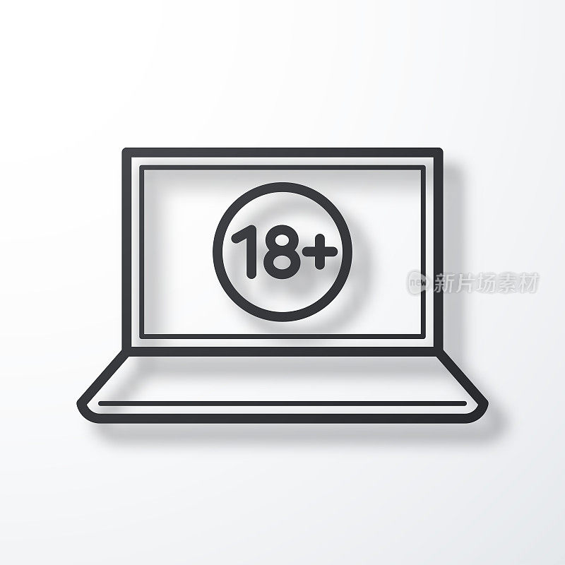 笔记本电脑有18个加号(18+)。线图标与阴影在白色背景
