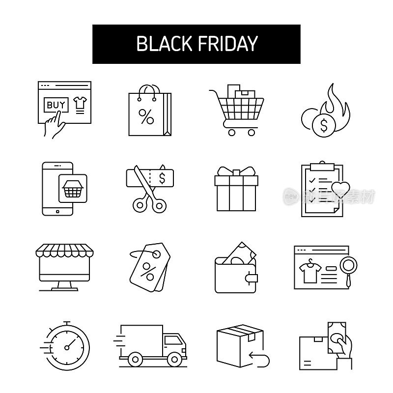黑色星期五线图标集。折扣，销售，11月，网上购物