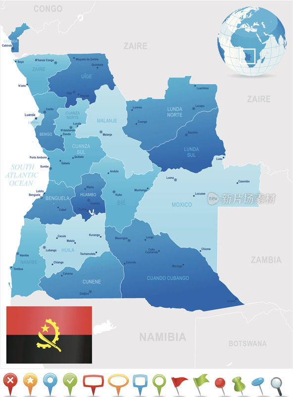安哥拉地图-国家，城市，旗帜和图标