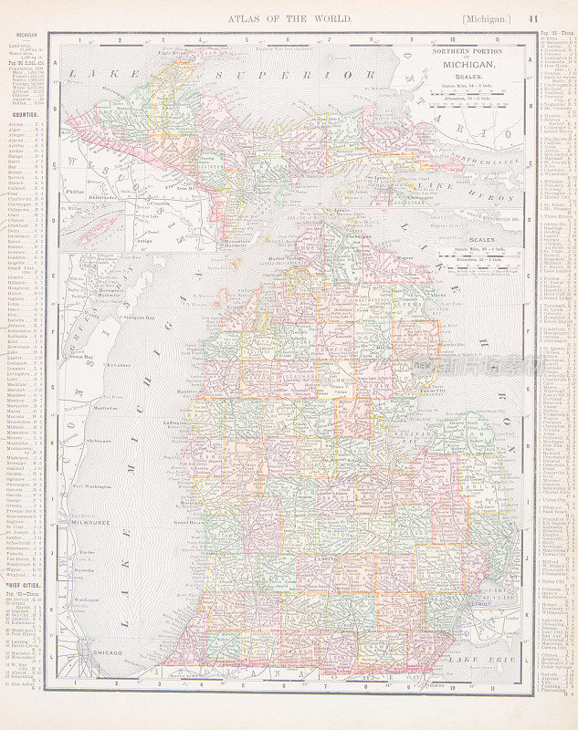 美国密歇根州古董古董彩色地图