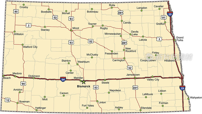 北达科他州公路地图(矢量图)