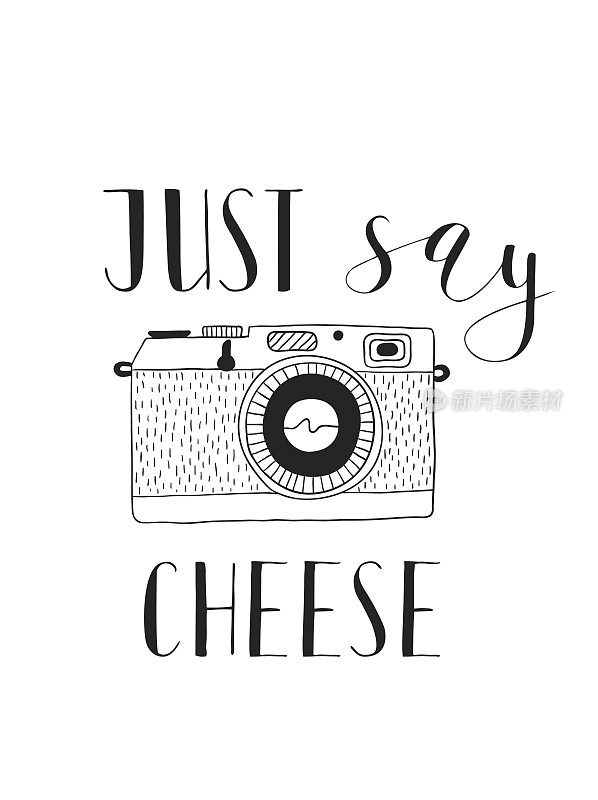 带字母的相机-说cheese。手绘