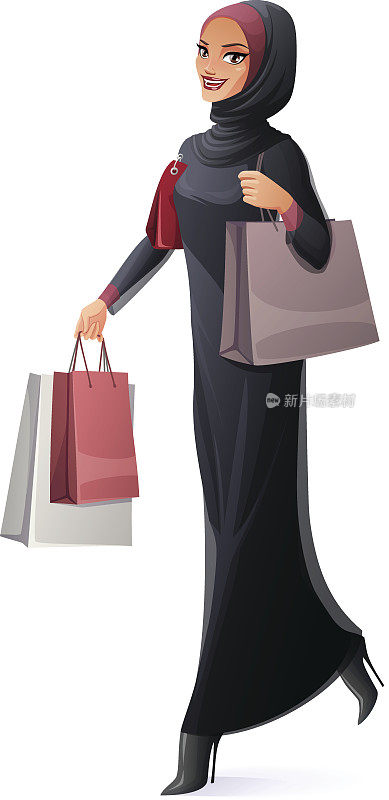 Vector美丽的穆斯林妇女戴着头巾走在购物袋。