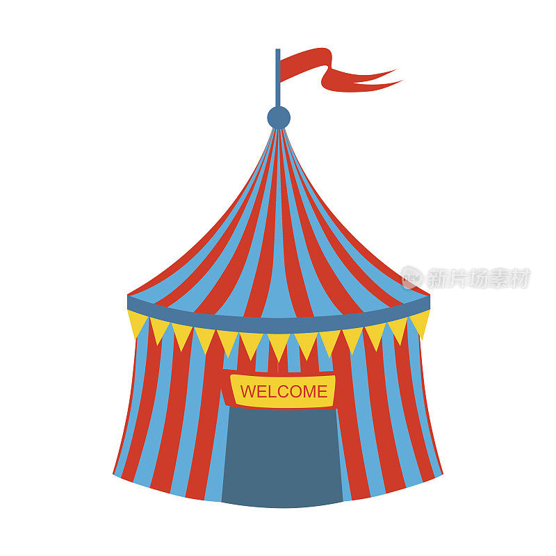蓝色和红色条纹马戏团帐篷，游乐园和博览会的一部分，平面卡通插图系列