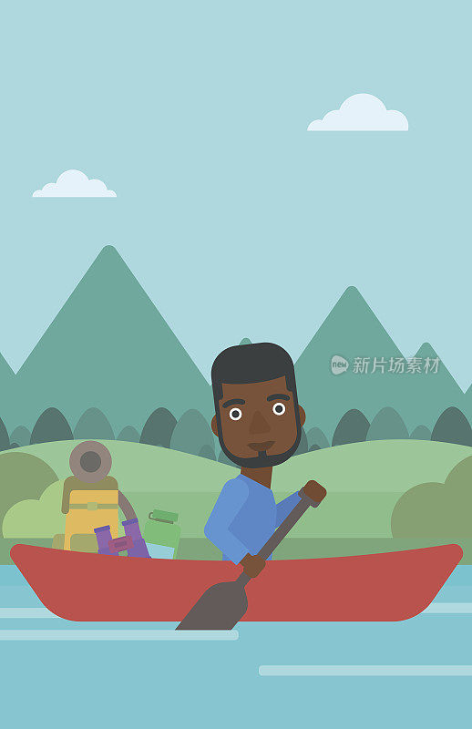 男子骑在皮艇矢量插图。