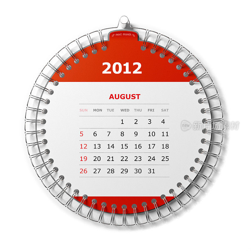 桌面日历。2012年8月