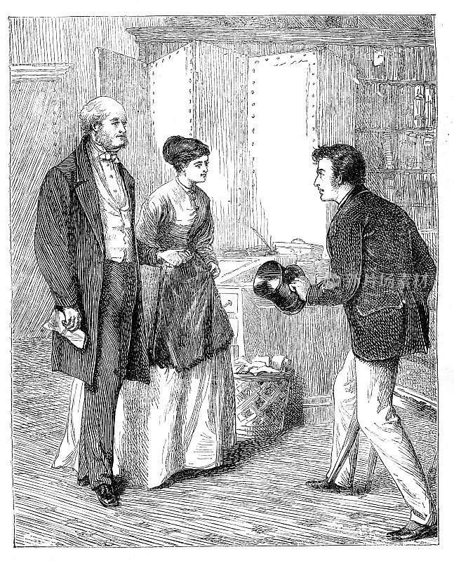 男人拿着大礼帽向女孩和父亲打招呼1867年杂志