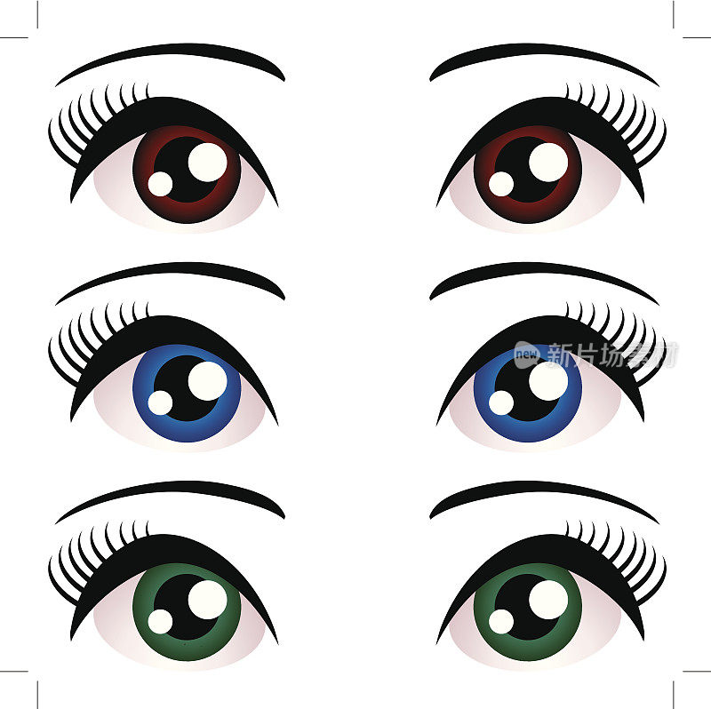 女人的眼睛长睫毛。蓝色,棕色,绿色。向量
