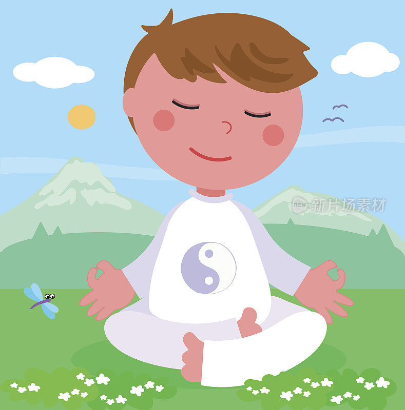 卡通男孩在瑜伽冥想姿势