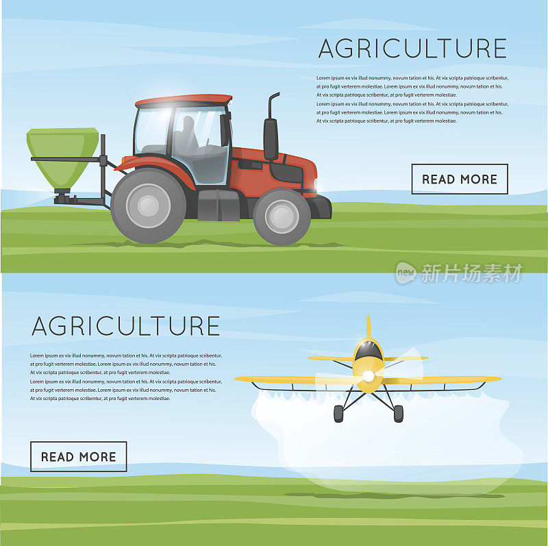 拖拉机倒肥料。飞行黄色飞机喷洒农药农药。