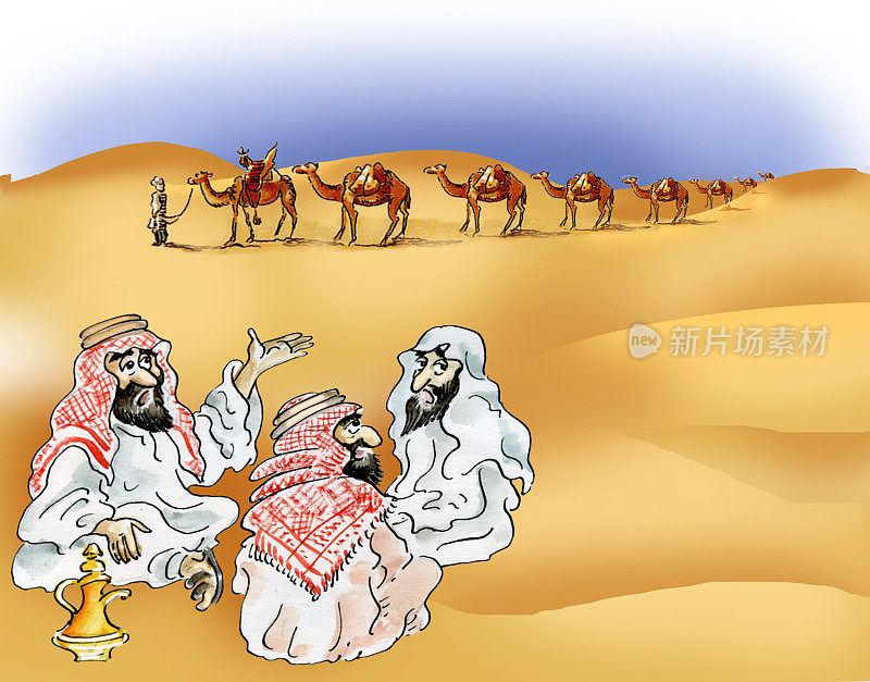 沙漠中的贝都因人和骆驼商队