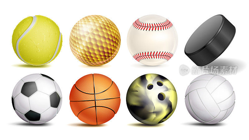 球运动向量。采购产品足球，篮球，保龄球，网球，高尔夫球，排球，棒球。冰球。孤立的插图