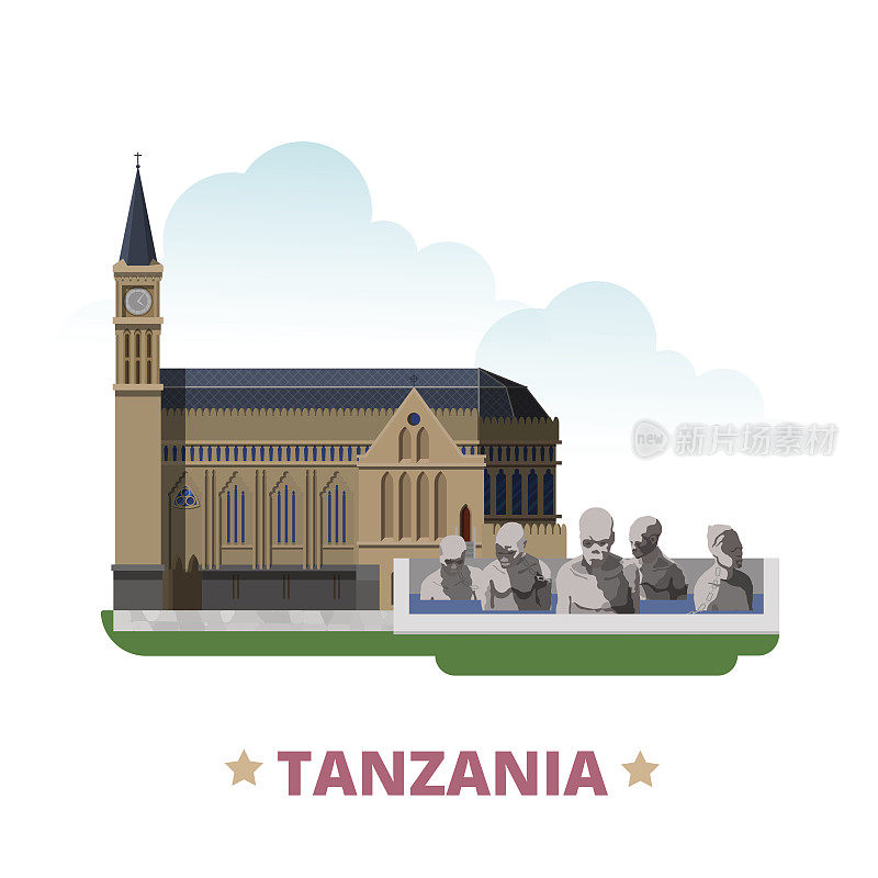 坦桑尼亚国家设计模板。平面卡通风格的历史景观网络矢量插图。世界度假旅行非洲非洲收藏。坦桑尼亚桑给巴尔的基督教堂奴隶纪念碑。