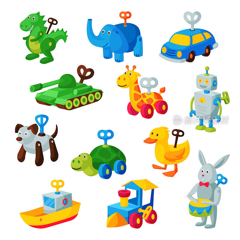 发条玩具钥匙矢量机械游戏室玩具商店机制的孩子动物时钟工作车，火车，机器人插图孤立的白色背景