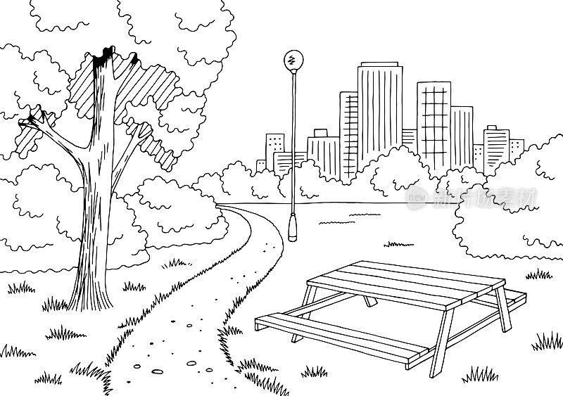 公园图形黑白表景观素描插图向量