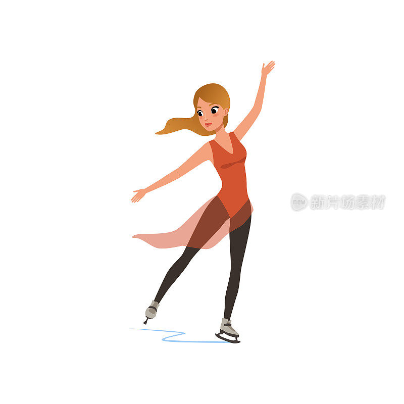 花样滑冰女孩在短红裙滑冰，女运动员在室内溜冰场练习矢量插图上的白色背景