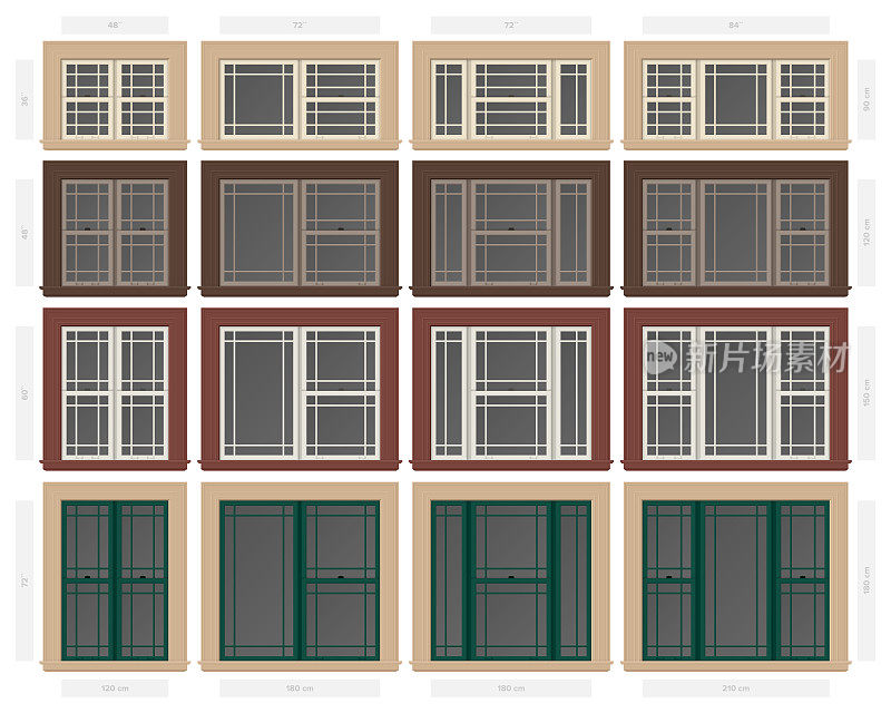 矢量单悬草原风格组合窗设置不同的大小和颜色