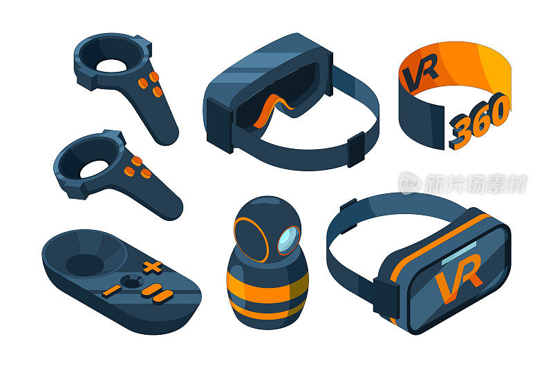 VR等距图标。沉浸式虚拟现实体验游戏设备头盔和眼镜模拟器矢量3D图片