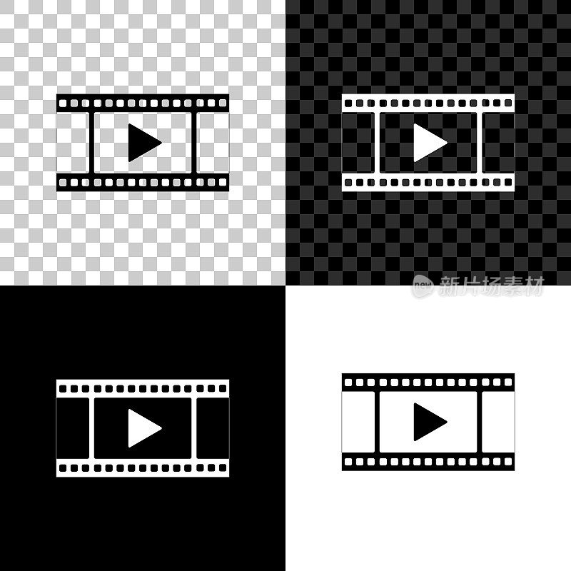 播放视频图标孤立的黑色，白色和透明的背景。带游戏标志的胶片。矢量图
