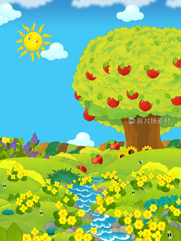卡通场景与农田溪流的一天和苹果树