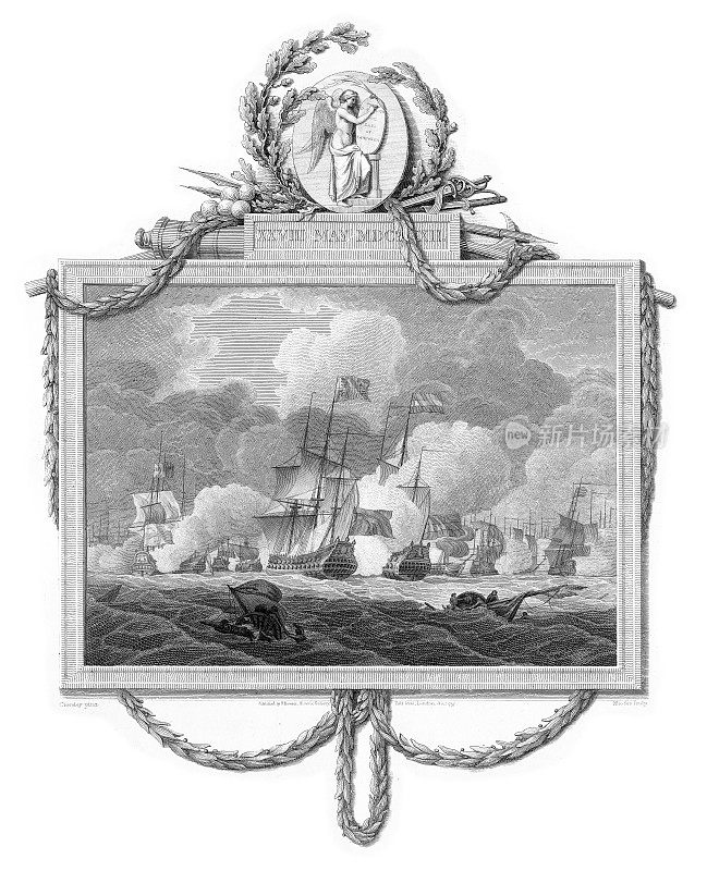 英国皇家海军击败荷兰舰队，英国维多利亚时代版画，1806年