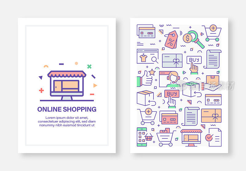 网上购物概念线风格封面设计的年度报告，传单，小册子。