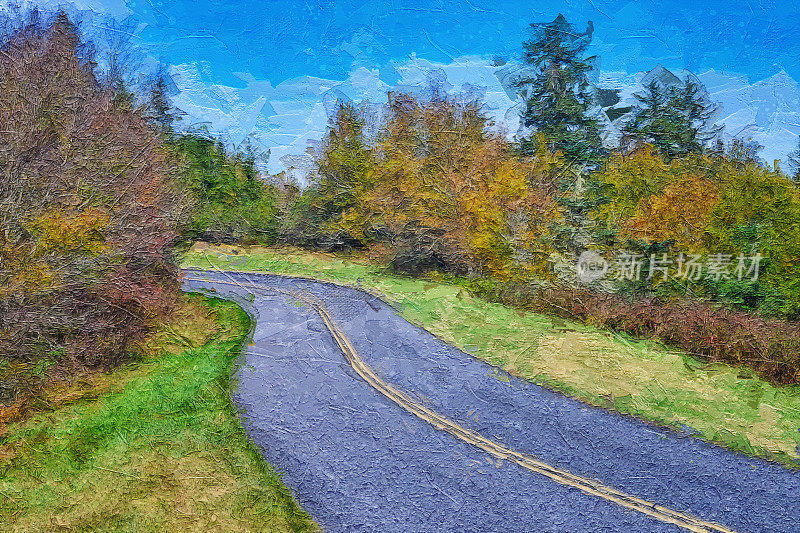 沿蓝岭公园路蜿蜒穿过秋天的阿巴拉契亚山脉的道路的印象派风格艺术品