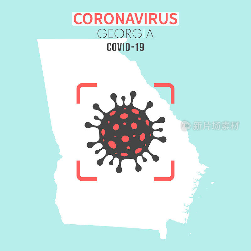 佐治亚州(美国)地图，红色取景器中有冠状病毒细胞(COVID-19)
