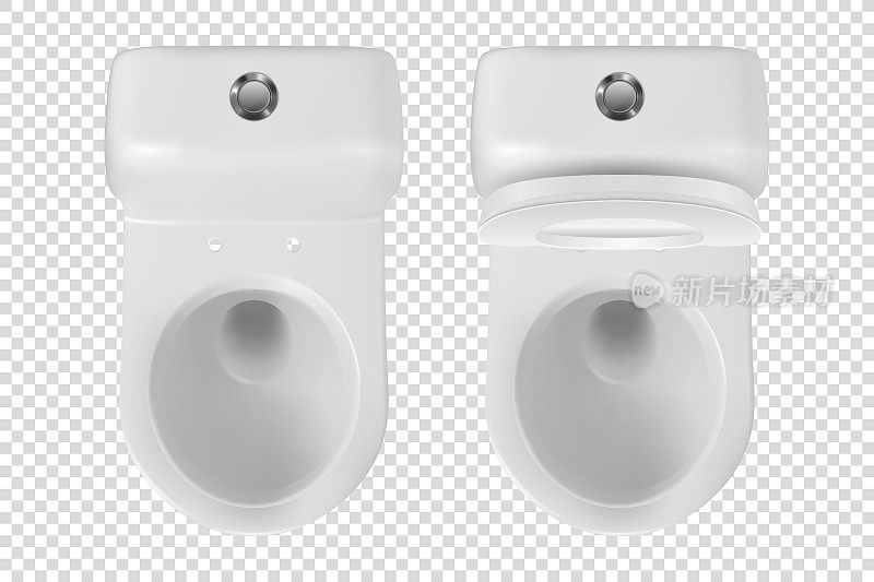 矢量3d逼真的白色陶瓷马桶图标设置特写隔离在透明的背景。打开的抽水马桶有和没有盖子。管道，模型，室内设计模板。俯视图