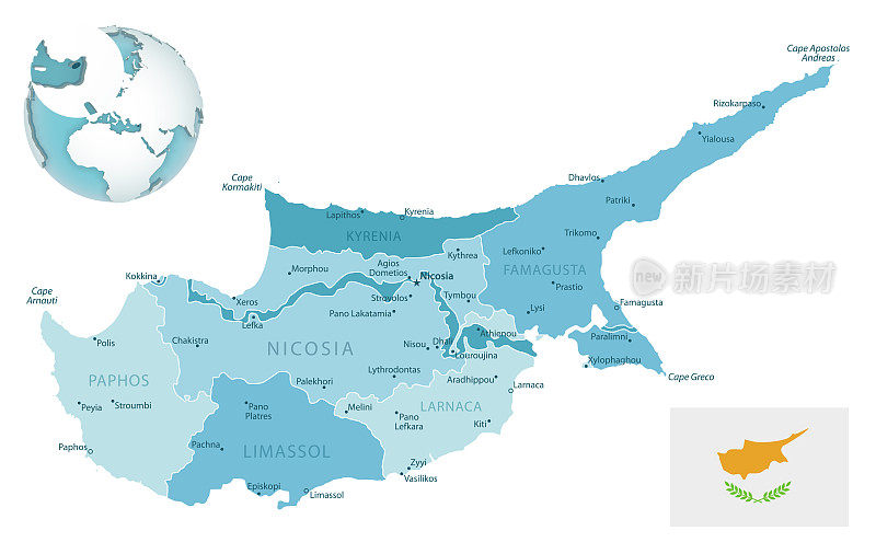塞浦路斯行政蓝绿地图，有国旗和全球位置。