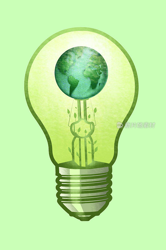 绿色能源的概念。灯泡，树叶和地球