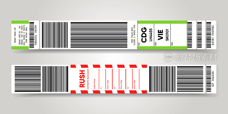 机场行李条码贴纸。行李资料和识别带模型。旅游运输条码。航空公司控制。矢量图模板。