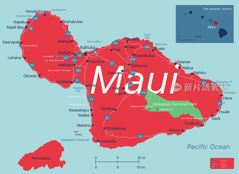 毛伊岛详细的可编辑地图