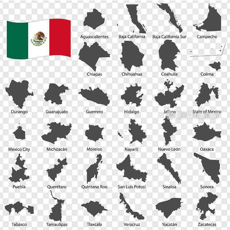 墨西哥联邦-按姓名字母顺序排列。每一幅州地图都有单独的文字和标题。美国墨西哥。EPS10。