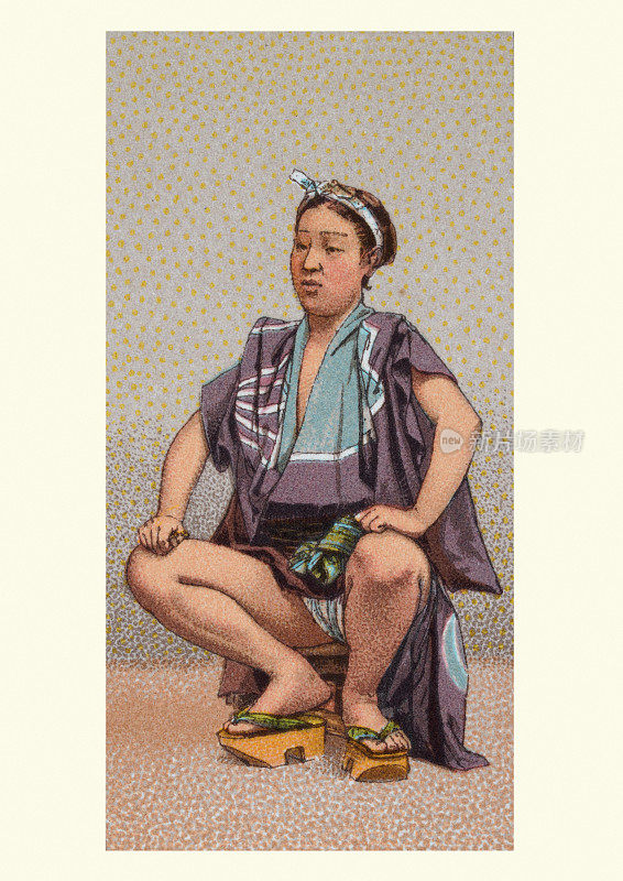 传统的日本长袍和木制凉鞋，19世纪