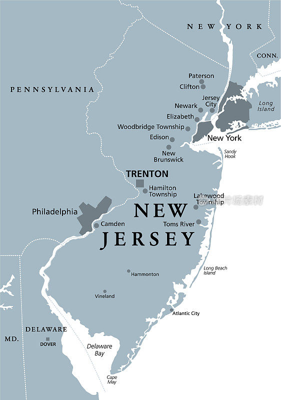 新泽西州，新泽西州，灰色政治地图，花园州