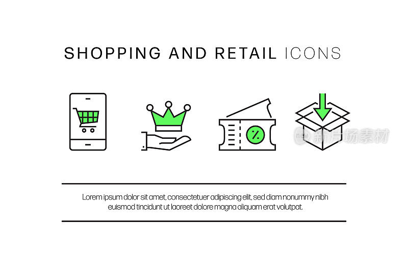购物和零售相关的线路图标。向量符号说明。