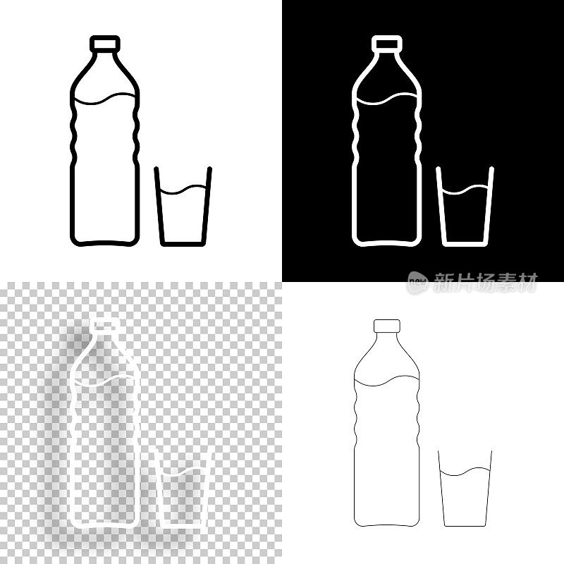 一瓶和一杯水。图标设计。空白，白色和黑色背景-线图标