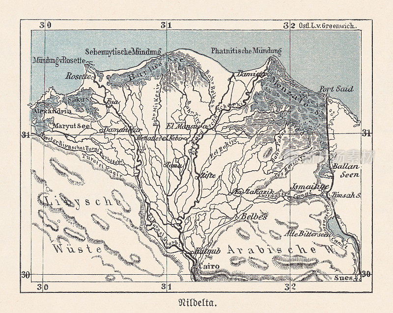 埃及尼罗河三角洲历史地图，平版印刷，1893年出版