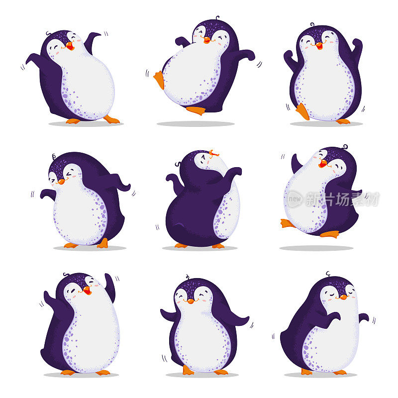 一组可爱的跳舞企鹅在不同的姿势。矢量插图卡通风格。所有元素都是隔离的。