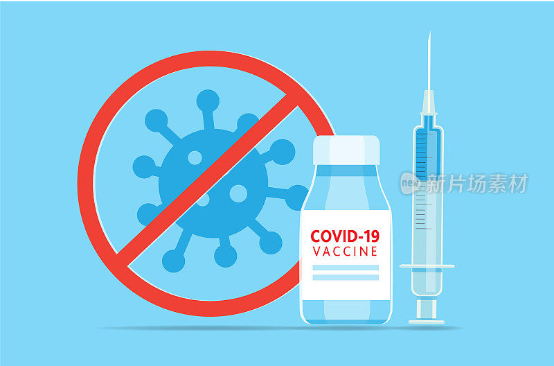 Covid-19流感疫苗注射器和瓶子蓝色背景图标