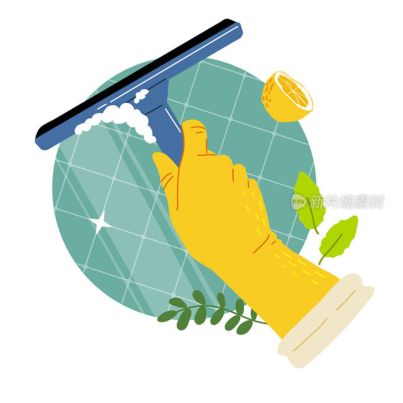手戴黄色手套，用橡皮清洁刷清洁浴室。使用天然环保清洁剂，柠檬，薄荷，苏打。平面向量插图。