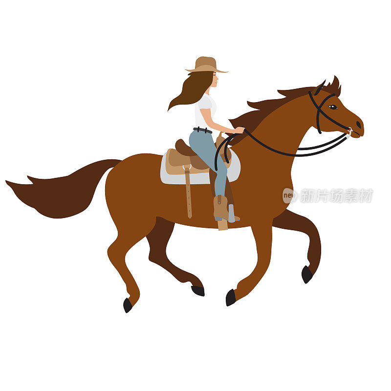 矢量平原西部女牛仔女骑着奔跑的马