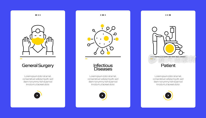带图标的移动应用程序页面屏幕上的医疗保健和医疗概念。用户体验，用户界面设计模板矢量插图