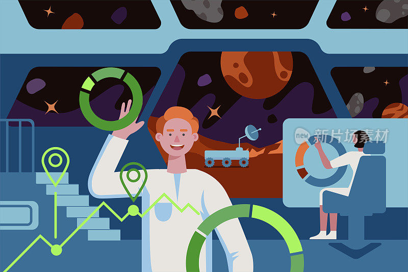 科幻小说中的人在行星殖民任务空间站。飞船主桥内部有宇航员、科学家和宇航员。未来星际探索殖民者的插图