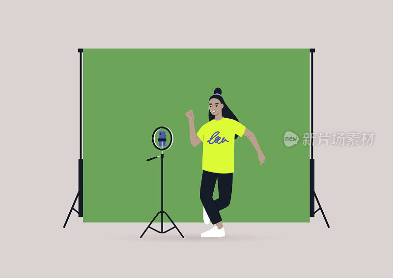 一名年轻的亚洲女性角色在三脚架上用手机录制一段舞蹈挑战视频，彩色键背景，现代z一代的生活方式